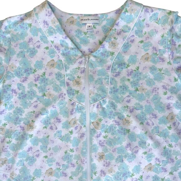 Miss Elaine Floral Zip Front Robe Women M Green Blue Cotton Blend Winter Flannel - Picture 3 of 12